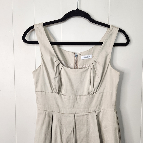 Calvin Klein Khaki Sleeveless Pleated Fit & Flare Cocktail Dress Neutral A-Line - Picture 3 of 10